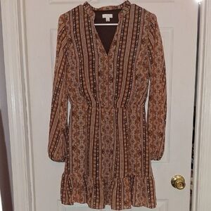 C Brown Tan Long Sleeve V-Neck Sundress